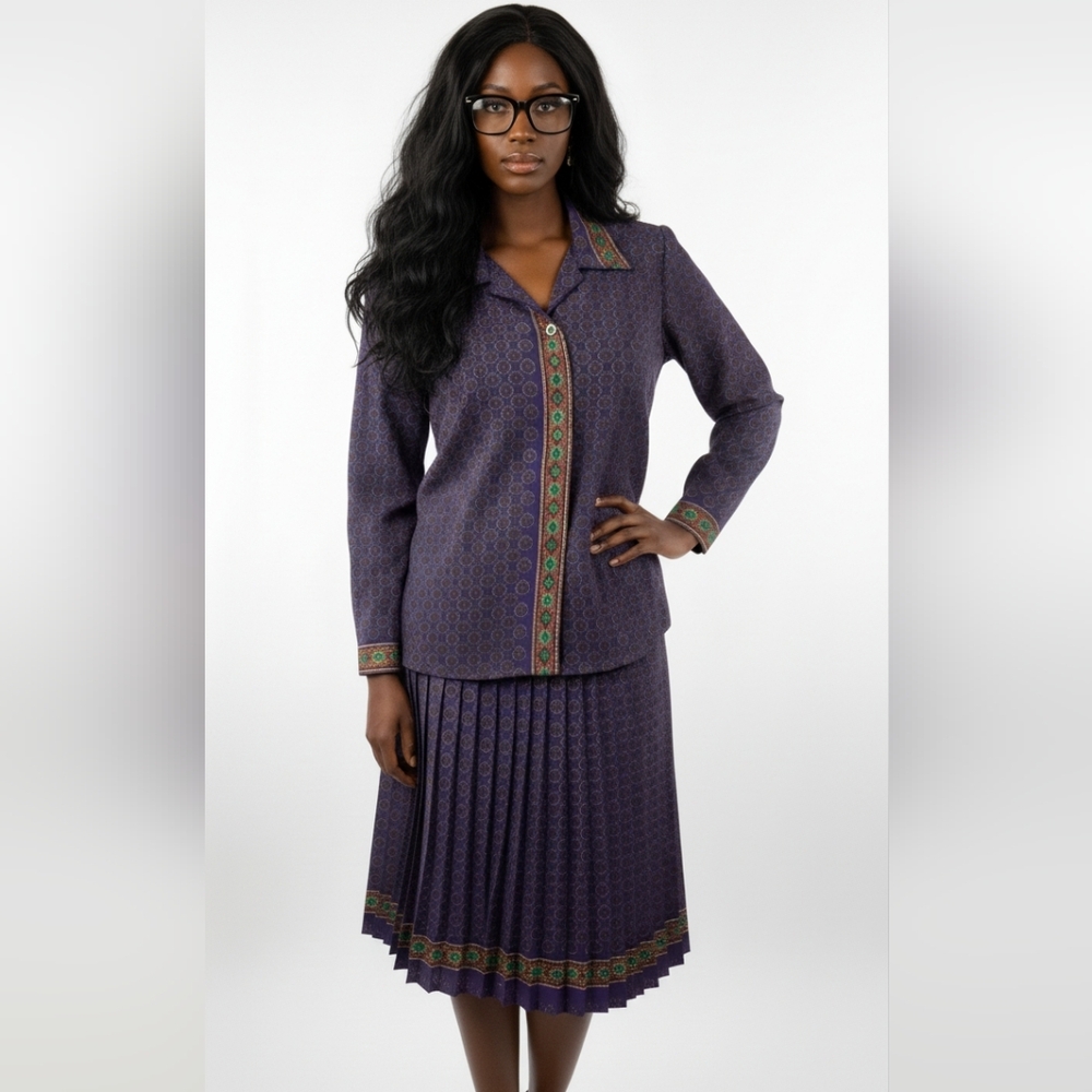 Leslie Fay Vintage Paisley Purple Pleated Skirt And Blouse Set
